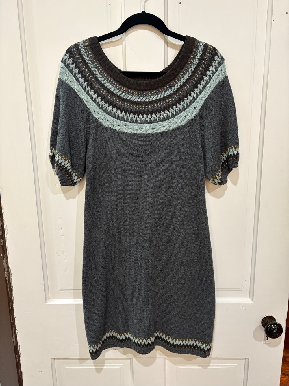 BCBGMaxAzria Gray Short-Sleeve Knit Dress with Fair Isle Yoke